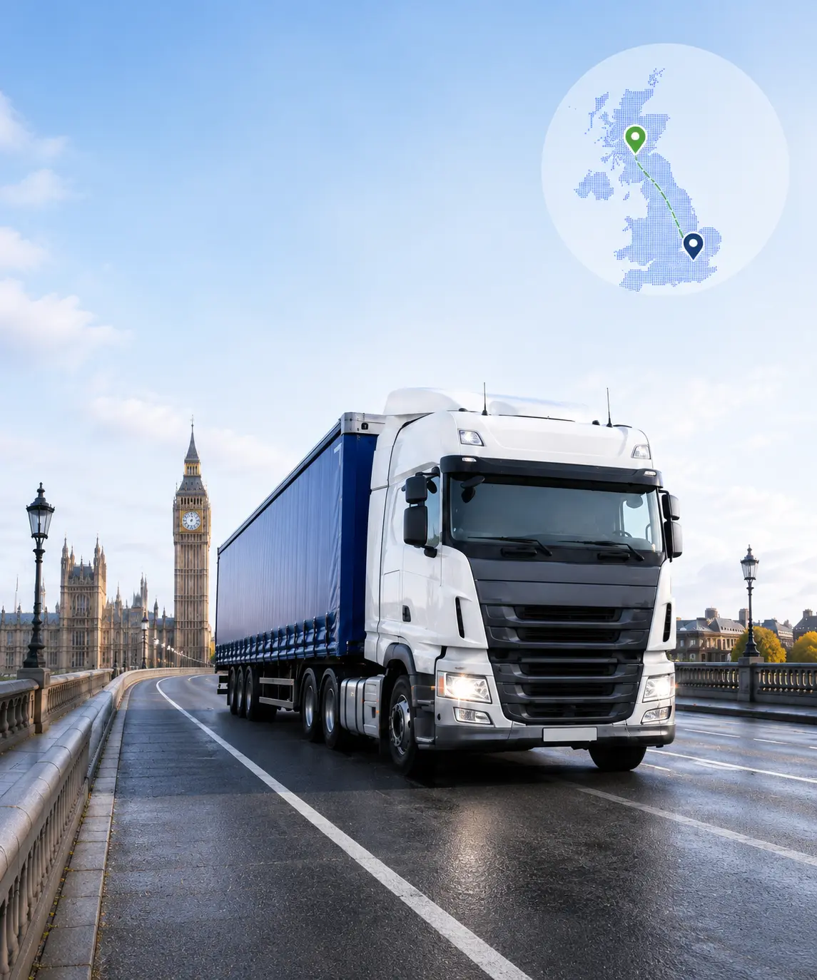 Road freight vehicle supporting a UK shipment