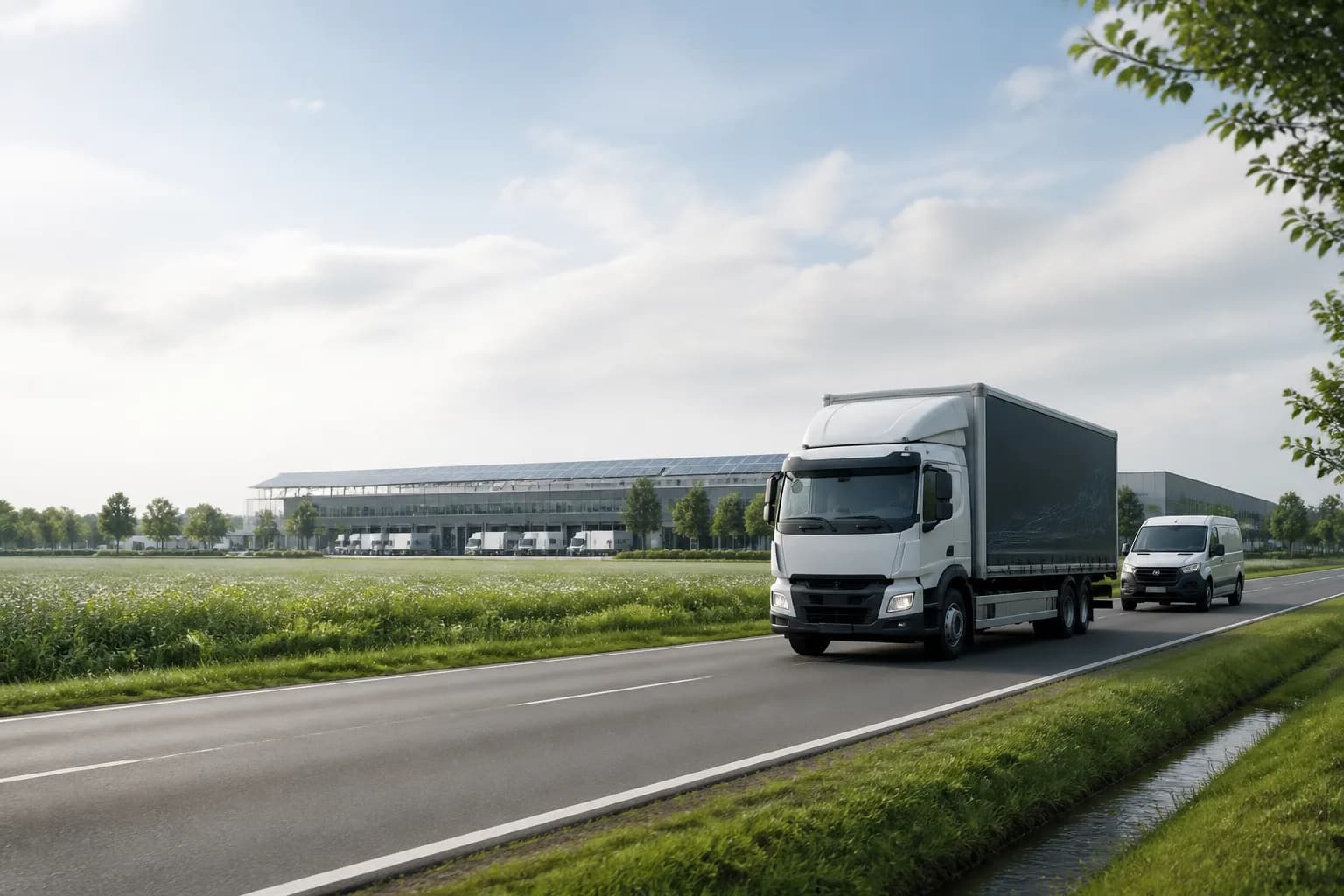 Freight vehicles travelling beside a sustainable distribution centre